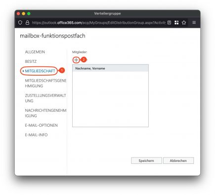 In dem Flyout werden, unter Mitglieder, die aktuellen Besitzer und Mitglieder dieser Verteilergruppe angezeigt. Mitglieder dieser mailbox-Gruppe haben Zugriff auf das angegebene Funktionspostfach. Besitzer dürfen Mitglieder hinzufügen. Um einen Besitzer oder ein Mitglied hinzuzufügen, wählen Sie den entsprechenden Punkt Alle anzeigen und Besitzer/Mitglieder verwalten aus.