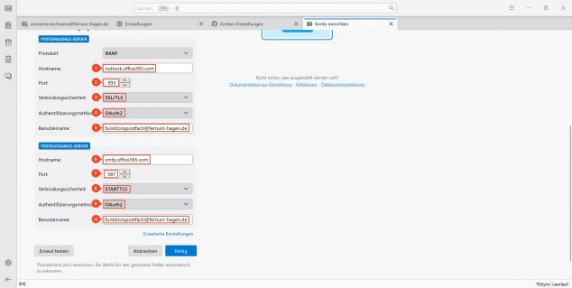 In den manuellen Serverkonfiguration nutzen Sie bitte folgende Werte für den Posteingangs-/Postausgangsserver:
