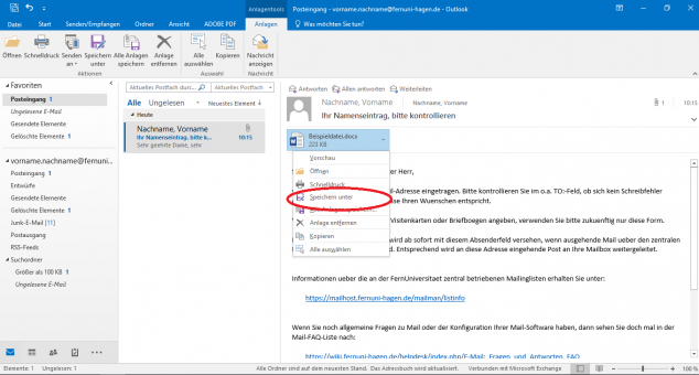 Wenn der Anhang benötigt wird, nutzen Sie die Option "Speichern unter".
