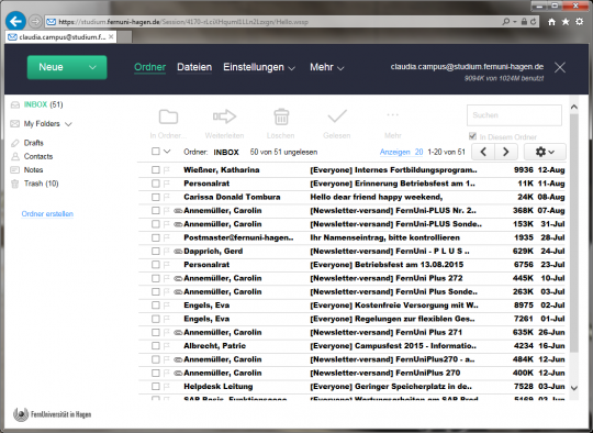 Empfangende E-Mails werden normalerweise direkt im Posteingang angezeigt. Sollten Sie eine gewisse Zeit lang die Seite nicht aktualisiert haben, drücken Sie einfach die Taste F5 um neue Elemente zu laden.