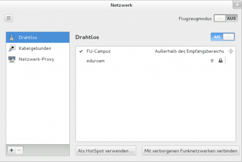 2. Unter "Drahtlos" wird jetzt eine Liste angezeigt, die die bereits konfigurierten sowie die momentan in Reichweite befindlichen Drahtlosnetzwerke mit Signalstärke darstellt. Hier sollte bereits auch das "eduroam"-Netzwerk erscheinen. Klicken Sie auf den Eintrag "eduroam". Da hierfür derzeit noch kein Profil hinterlegt ist, meldet sich jetzt der Network-Manager mit diesem Konfigurationsfenster.