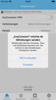 Der Cisco Secure Client muss Ihnen Mitteilungen senden können. Wählen Sie "Erlauben" aus.
