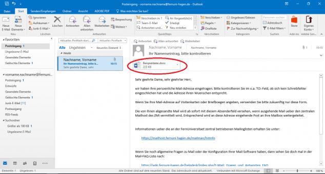 Wenn Sie eine E-Mail mit Anhang geöffnet haben, befindet sich oben neben dem Anhang ein Pfeil. Ein Klick öffnet das Kontextmenü.