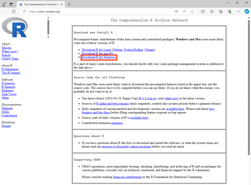 Internetseite zum Herunterladen von R, Download R for Windows rot umrandet