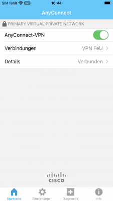 Anhand des Schiebereglers kann man erkennen, dass eine VPN Verbindung erfolgreich aufgebaut ist. Zudem erscheint oben das Symbol "VPN".