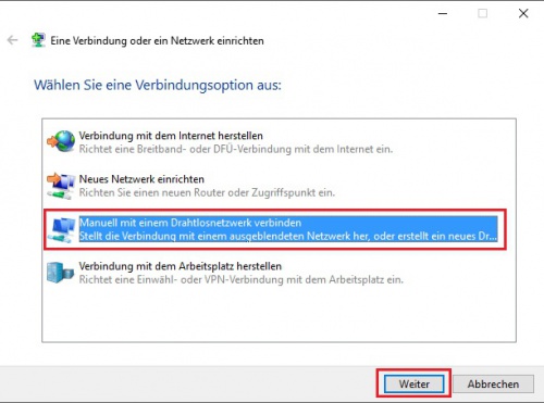 4. Nun wählen Sie Manuell mit einem Drahtlosnetzwerk verbinden und bestätigen mit Weiter.