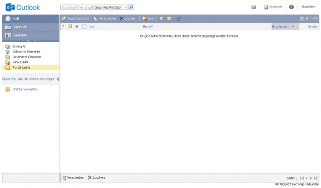 Das Bild zeigt den Posteingang in Outlook Web App (OWA) Light.