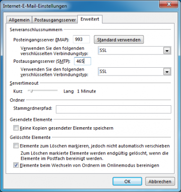 Im letzten Schritt der Konfiguration müssen Sie die richtigen Ports für die Dienste IMAP und SMTP sowie die Verschlüsselungsvariante auswählen. Dies sind in unserem Fall bei IMAP der Port 993 mit SSL und bei SMTP der Port 465, auch hier SSL (siehe Bild). Nur wenn die Verbindungen verschlüsselt werden können Sie sicher gehen, das keine Daten von dritten abgefangen werden können.