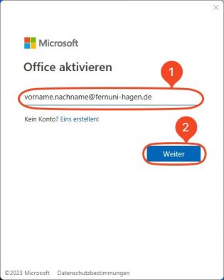 Wie im Bild zu sehen, wird hier der Account, in Form der FeU-E-Mailadresse, eingetragen (1). Mit "Weiter" (2) bestätigen.