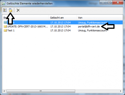Sie erhalten eine Liste aller gelöschten Elementen der letzten 28 Tage. Sie können nun eine oder gleich mehrere Element/e auswählen und über den Button mit dem E-Mail-Symbol (siehe Pfeil) wiederherstellen. Mehr müssen Sie für die Wiederherstellung nicht tun.