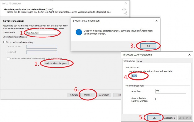 Bei Servernamen (1) geben Sie bitte die IP: 192.168.13.2 an, danach können Sie auf den Button "Weitere Einstellungen" (2) klicken Outlook gibt Ihnen den Hinweis das es nach der Einrichtung einen Neustart benötigt, bestätigen Sie diesen mit "OK" (3) Im Fenster Microsoft LDAP-Verzeichnis überschreiben Sie den Anzeigenamen (4) indem Sie die IP durch das Wort "SAFE" ersetzen. Bestätigen Sie dies mit "OK" (5) und linksklicken Sie auf "Weiter >" (6)