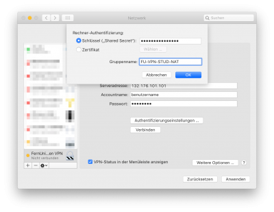 Zuletzt müssen Sie den Schlüssel ("Shared Secret") und den Gruppennamen definieren. Beachten Sie hierbei bitte, dass Gruppenname und Schlüssel immer identisch sein müssen (nur Großbuchstaben!). Weitere Informationen finden Sie auf dieser Seite unter "VPN Profile". Klicken Sie anschließen auf "OK" und speichern Sie die Einstellung indem Sie unten rechts auf "Anwenden" klicken.