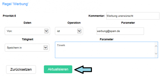 Nachdem die Regel erstellt wurde, kann man sie über über den oben gezeigten Button bearbeiten. Auch kann man den Namen sowie die Priorität ändern. Bitte beachten Sie das durch einen Bug in der Webschnittstelle "Priorität" und "Name" vertauscht sind. Natürlich bedeutet die Zahl in dem Dropdown Menü die Priorität.