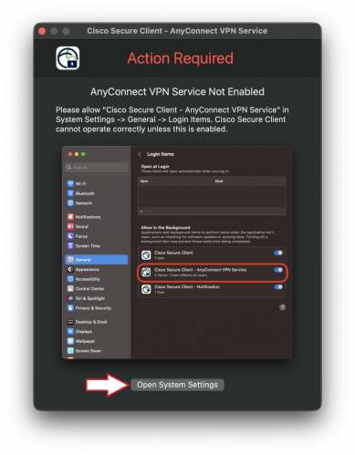 Des Weiteren muss eine Systemerweiterung aktiviert werden, damit eine VPN Verbindung aufgebaut werden kann. Wählen Sie "Öffnen Sie die Einstellungen" aus.