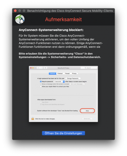 Des Weiteren muss eine Systemerweiterung aktiviert werden, damit eine VPN Verbindung aufgebaut werden kann. Wählen Sie "Öffnen Sie die Einstellungen" aus.