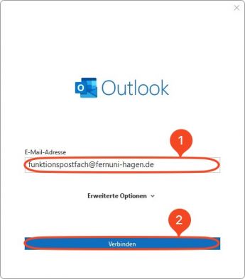 Die E-Mailadresse wird in diesem Schritt, wie in dem Bild zu sehen ist, nach der Struktur funktionspostfach@fernuni-hagen.de (1) eingetragen. Unter "Verbinden" (2) geht es zu dem nächsten Schritt.