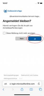 Wählen Sie nun aus, dass Sie angemeldet bleiben möchten - falls Sie dies nicht wünschen, wählen Sie "Nein".