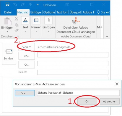Das Postfach sollte nun im Fenster "Von anderer E-Mail-Adresse senden" stehen, Bitte bestätigen Sie Ihre wahl durch den Button OK (1) In dem Fenster der neuen Mail sollte nun hinter dem "Vom" Feld die e-Mail-Adresse des ausgewählten Postfaches stehen (2)