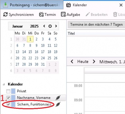 Unter Ihrem Standartordner sollte nun der Kalender des Funktionspostfaches vorhanden sein. (1)
