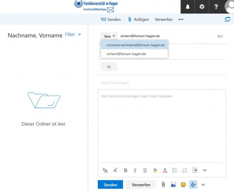 Das Bild zeigt eine neue Nachricht mit eingerichtetet VON-Absendern in Outlook Web App (OWA).