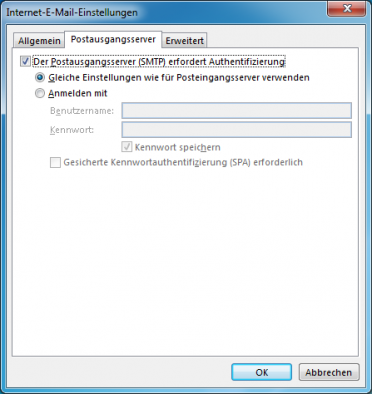 Für unseren Mailserver ist eine Authentifizierung am SMTP Dienst (Mails versenden) notwendig. Bitte setzen Sie den Haken wie im Bild dargestellt. Sie können für die Authentifizierung die gleichen Einstellungen verwenden wie für den Posteingangsserver.