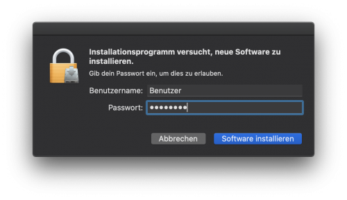 Zur Installation muss einmalig der Benutzername sowie das Passwort eingegeben werden.