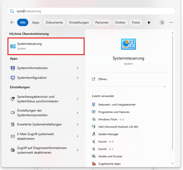 Als erstes öffnen Sie bitte die Systemsteuerung