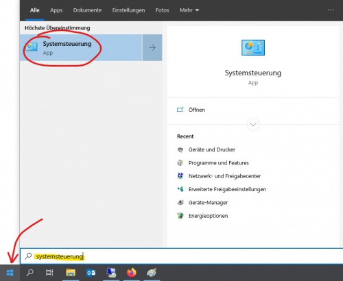 1. Öffnen Sie die Systemsteuerung -> Start-Button, "Systemsteuerung" eintippen, Systemsteuerung per Klick öffnen