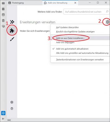 Es öffnet sich ein neuer Reiter Namens "Add-ons Verwaltung". Sie sollten sich Links bei dem (1) Puzzle-Symbol "Erweiterungen" befinden. Klicken Sie auf das (2) Zahnradsymbol und danach auf die Option (3) "Add-On aus Datei installieren..."