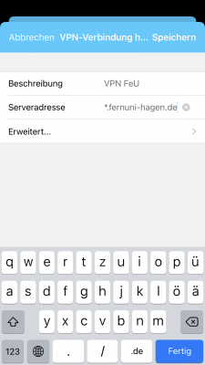Daraufhin muss eine Beschreibung hinzugefügt sowie eine Serveradresse angegeben werden. Die Beschreibung kann frei gewählt werden. Die Serveradresse lautet vpn.fernuni-hagen.de