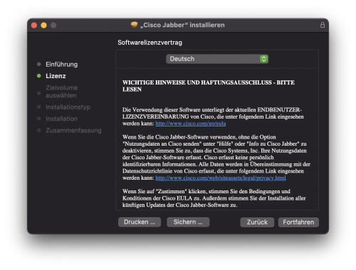 Den Softwarelizenzvertrag zu Kenntnis nehmen und "Fortfahren" auswählen.