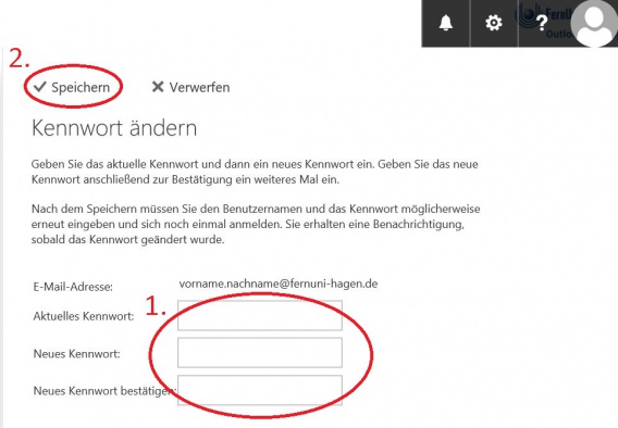 Im Rechten Bereich können Sie nun bei (1) einmal Ihr altes Kennwort angeben und bitte danach 2 mal das gleiche neue Kennwort. Bitte klicken Sie danach mit einem einfachem Linksklick auf (2) Speichern.