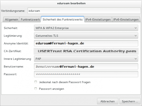 6. Übernehmen Sie die folgenden Einstellungen: Benutzername:IhrBenutzername@fernuni-hagen.de (z.B. q1234567@fernuni-hagen.de; musterm@fernuni-hagen.de) Passwort: Ihr Kennwort Die IPv4-Einstellungen sollte man auf "Automatisch (DHCP)" belassen.