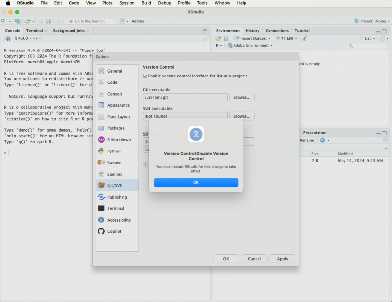 git-Versionskontrolle gemäß Fließtext in RStudio deaktivieren