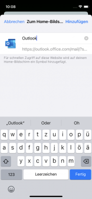 Benennen Sie die Vernüpfung/Webclip und tippen Sie oben rechts auf "Hinzufügen".