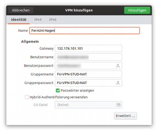 Zugangsdaten für die VPN-Verbindung zur FernUniversität Hagen