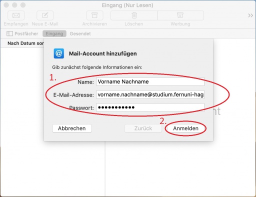 Füllen Sie bitte die Texteingabefelder: (1) Name: Dieser erscheint beim senden einer Mail beim Empfänger E-Mail-Adresse: Siehe Wie lautet meine E-Mail-Adresse? Passwort: Ihr Selbst gewähltes Passwort Bestätigen Sie durch einen Klick auf "Anmelden" (2)