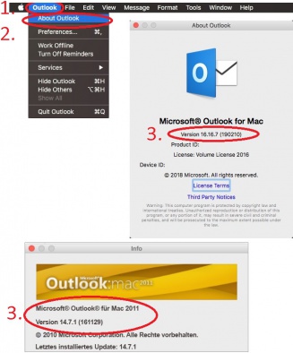 Klicken Sie auf der Menüleiste auf Outlook (1). Sollte Ihre Menüleiste nicht angezeigt wird, bewegen Sie den Mauszeiger an den oberen linken Rand Ihres Bildschirms. Danach klicken Sie auf "About Outlook" oder "Info" (2) und im erscheinenden Fenster ist die Version zu finden (3) Vergleichen Sie mit #Versionstabelle.