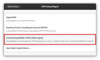 Wählen Sie "Cisco-kompatibler VPN-Client (vpnc)"
