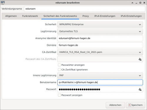 6. Übernehmen Sie die folgenden Einstellungen: Benutzername:IhrBenutzername@fernuni-hagen.de (z.B. q1234567@fernuni-hagen.de; musterm@fernuni-hagen.de) Passwort: Ihr Kennwort Die IPv4-Einstellungen sollte man auf "Automatisch (DHCP)" belassen.