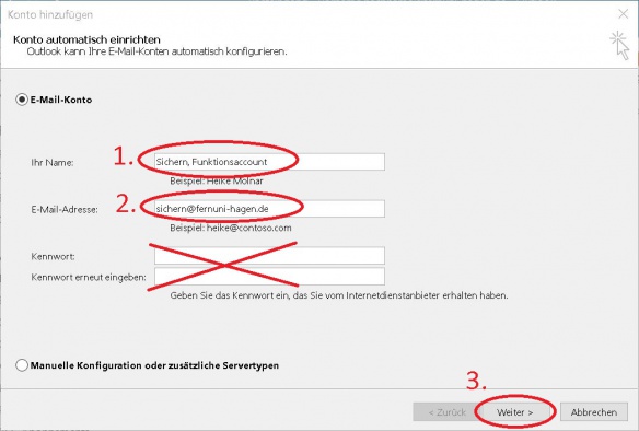 Wählen Sie in dem nun angezeigten Fenster "Konto hinzufügen" einen Namen und hinterlegen Sie diesen bei "Ihr Name:" (1), danach tragen Sie bitte die e-Mail-Adresse des Funktionspostfaches hinter "E-Mail-Adresse:" ein (2) und Lassen Sie die Kennwort-Felder bitte leer! bestätigen Sie Ihre eingaben durch den Button "Weiter" (3)