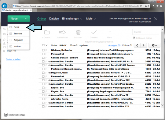 Oben links finden Sie den großen Button "Neue", wo sich ein Dropdown Menü mit mehreren Optionen öffnet. Hier können Sie eine neue E-Mail, einen Termin, eine Aufgabe oder eine Notiz erstellen.