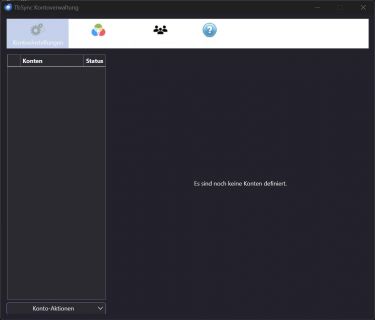 Es öffnet sich die TbSync Kontoverwaltung. Klicken Sie hier unten links auf „Konto-Aktionen“ und wählen im Dropdown Menü „Konto hinzufügen“ und „Exchange ActiveSynce“ aus.