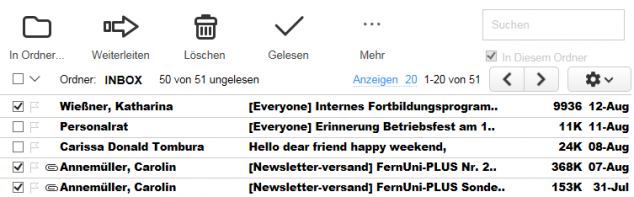 Wenn Sie Ihre E-Mails ausgewählt haben, können Sie diese über die oberen Funktionen z.B. in einen Ordner verschieben, Weiterleiten oder auch löschen. Sie können auch alle E-Mails auswählen und diese als gelesen makieren.