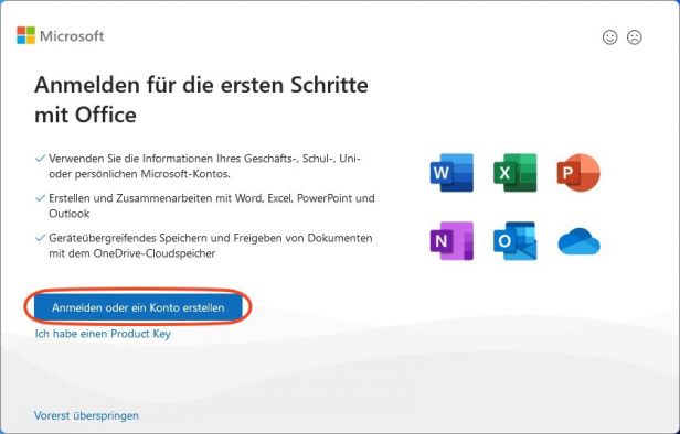 Nach erstmaligem Aufruf der Outlook-Anwendung erscheint das Anmeldefenster. Der Punkt "Anmelden oder ein Konto erstellen" wird hier ausgewählt.