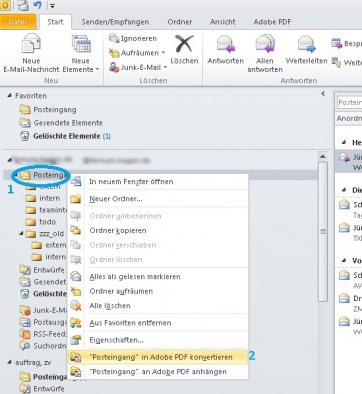 (1) Wählen Sie zunächst den Ordner oder die Mail, die Sie in ein PDF überführen wollen durch einen Rechtsklick aus (2) klicken Sie dann auf "[gewähltes Element] in Adobe PDF konvertieren"