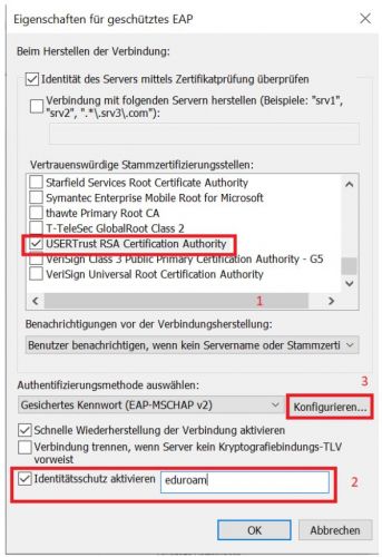 9. Wählen Sie das USERTrust RSA Certification Authority Zertifikat, aktivieren Sie den Indentitätsschutz mit dem Namen eduroam und konfigurieren Sie im nächsten Schritt die EAP MSCHAPv2 Einstellungen.