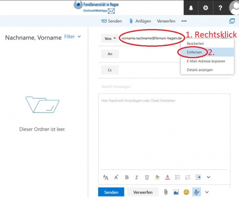 (1) Klicken Sie in der neuen E-Mail im angezeigtem VON-Feld mit einen Rechtsklick auf Ihre E-Mail-Adresse (2) im Menü wählen sie "Entfernen"