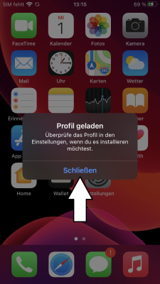 Nachdem Sie das Profil heruntergeladen haben, klicken Sie auf "Schließen" und öffnen die Einstellungen.