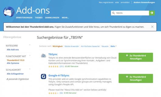 Klicken Sie oben rechts auf das Kontextmenü und wählen Sie anschließend den Reiter „Addons und Themes “ aus. Unter „Weitere Add-ons fidnen“ suchen Sie nach „TbSync“ und klicken auf „Zu Thunderbird hinzufügen“.